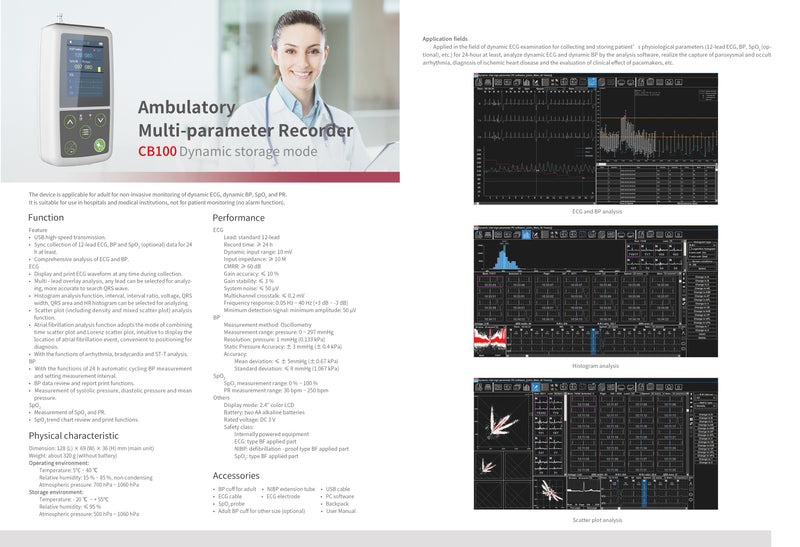 CONTEC CB100 Multi-parameter Ambulatory Recorder 24 hours ECG NIBP SPO2 + PC Software