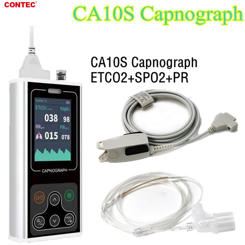CONTEC CA10S End-tidal CO2 Capnograph Chargeable ETCO2+PR+SPO2+RESP rate adult child human use/ Animals Use