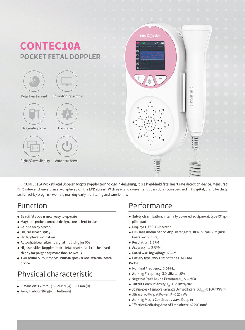 New Fetal Doppler CONTEC10A Baby Heart Beat Monitor Color LCD with 3Mh –  ContecEurope