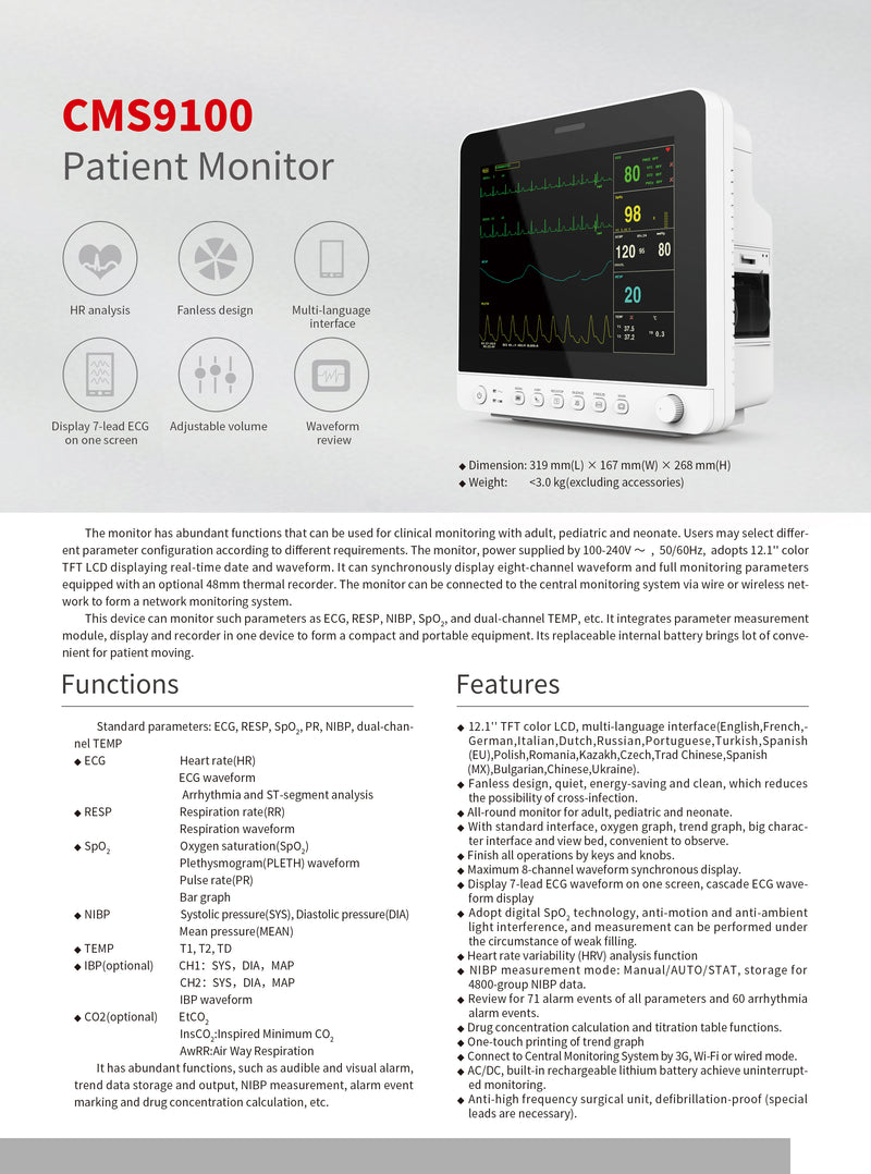 NEW CMS9100 12.1'' Color TFT LCD Screen Patient Monitor ECG, RESP.