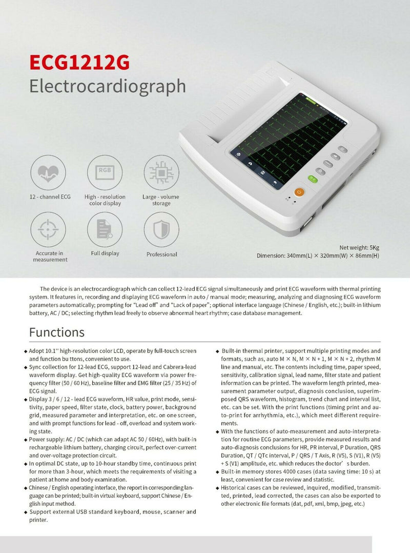 CONTEC NEW ECG Machine ECG1212G Digital Touch 12 Channel EKG Electrocardiograph Printer CE EKG Monitor Software